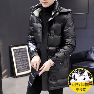 冬季新款羽绒服男中长款加厚棉衣亮面可拆卸帽潮流青年外套保暖