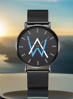 艾伦沃克Alan Walker 石英表黑色简约超薄手表男钢带防水机械男表