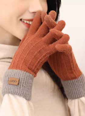 可爱毛线手套女秋冬加绒加厚学生保暖针织骑行可触屏全指防寒防风