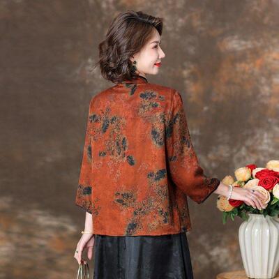 红色新中式香云纱女上衣妈妈秋装新款高端复古气质桑蚕丝真丝衬衫