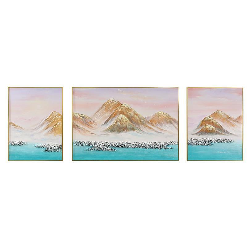 手绘砂岩肌理立体油画金色山脉山水酒店轻奢床头装饰画客厅三联画图片