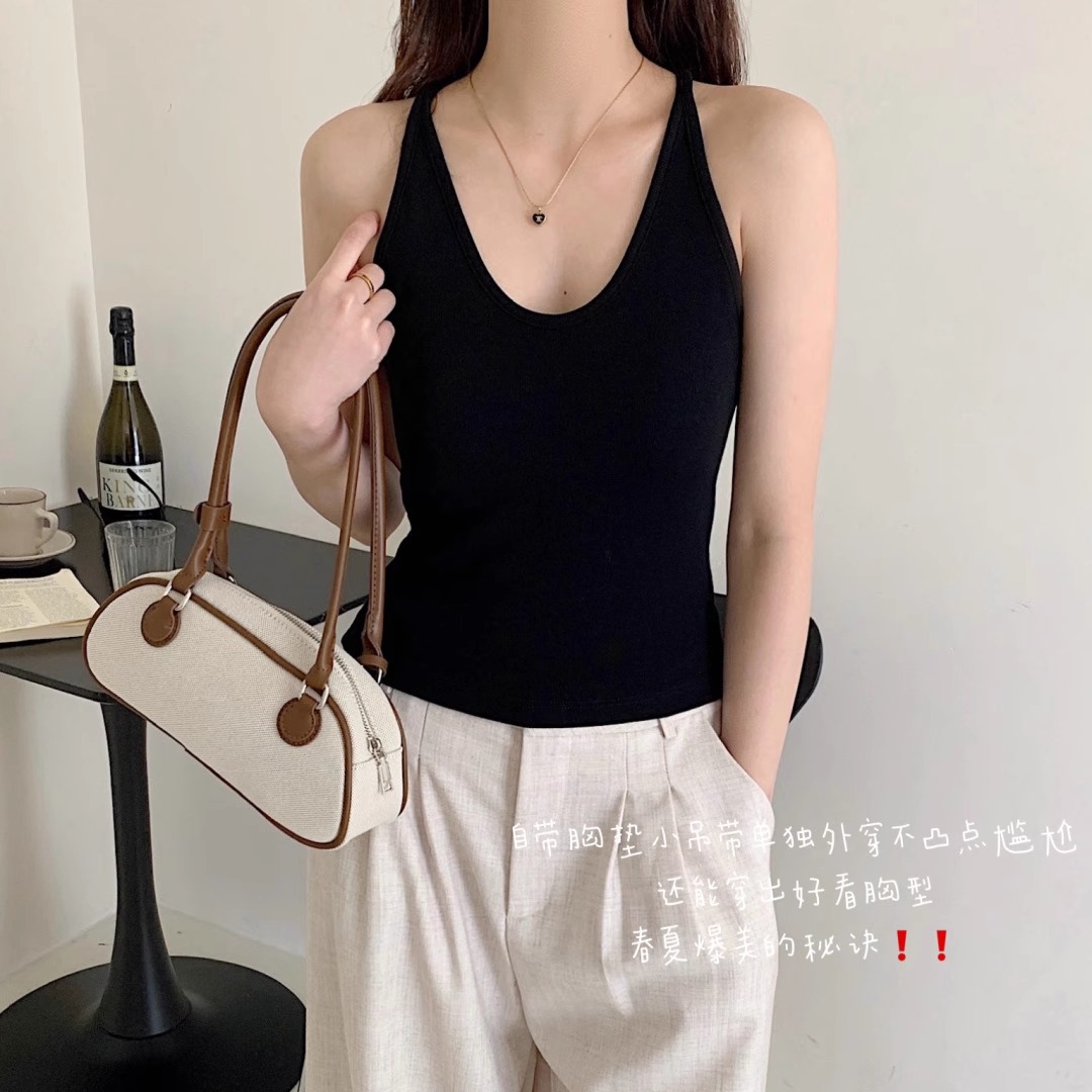 暖小艾法式挂脖背心588-1女士吊带一体杯文胸遮副乳打底美背上衣