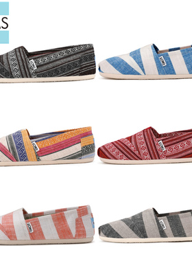 TOMS帆布鞋女夏季新款一脚蹬懒人平底透气休闲百搭条纹渔夫单鞋