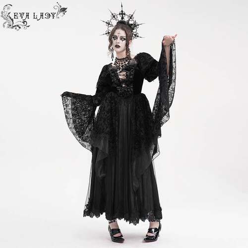 Devil Fashion恶魔时尚女装哥特V领长袖提花网料连衣裙ESKT05201