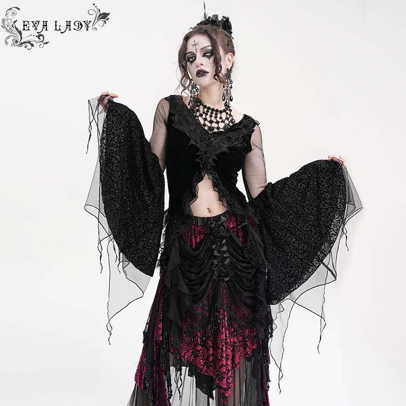 Devil Fashion恶魔时尚哥特暗黑短款丝绒蕾丝网纱长袖T恤ETT039