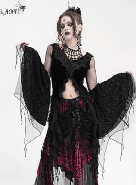 Devil Fashion恶魔时尚哥特暗黑短款丝绒蕾丝网纱长袖T恤ETT039
