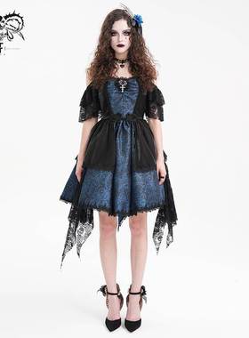 Devil Fashion恶魔时尚女装哥特蓝色拼色挂脖连衣裙 SKT21602