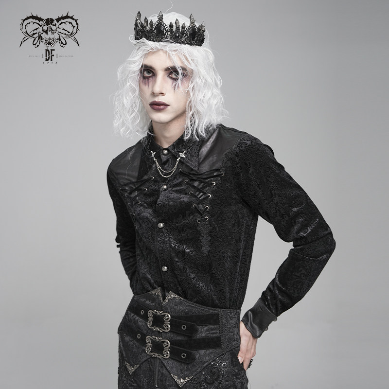 DevilFashion哥特绑带设计风黑色暗纹提花衬衫SHT149