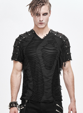 破条男款短袖T恤朋克摇滚高弹拼接做旧上衣酒吧夜店演出夏季服饰