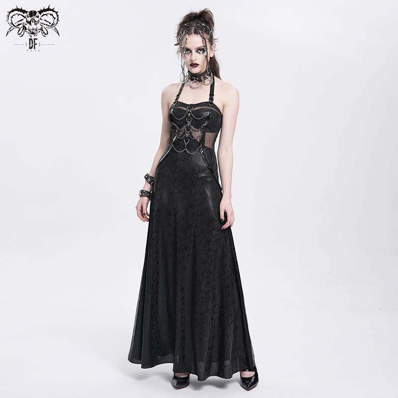 Devil Fashion恶魔时尚女装哥特朋克挂脖过胶花纹料连衣裙SKT229