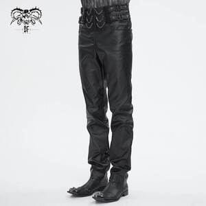 Devil Fashion恶魔时尚男装哥特朋克暗黑链条装饰皮料裤子PT243