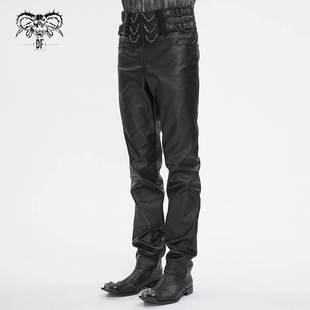 Devil Fashion恶魔时尚男装哥特朋克暗黑链条装饰皮料裤子PT243