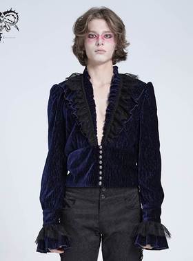 Devil Fashion恶魔时尚哥特暗黑男装蕾丝V领衬衫短款衬衣SHT13302