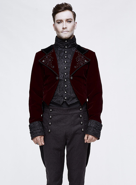 哥特男装黑红色燕尾服提花刺绣金属钉礼服高领假两件外套西服夹克