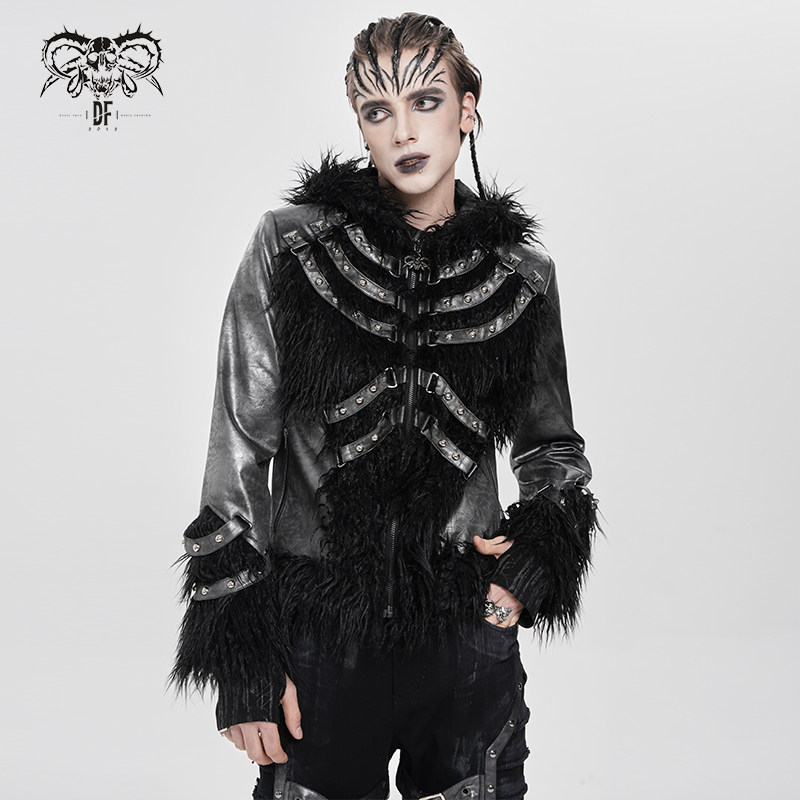 DevilFashion哥特风黑色毛毛拼接皮衣外套CT273