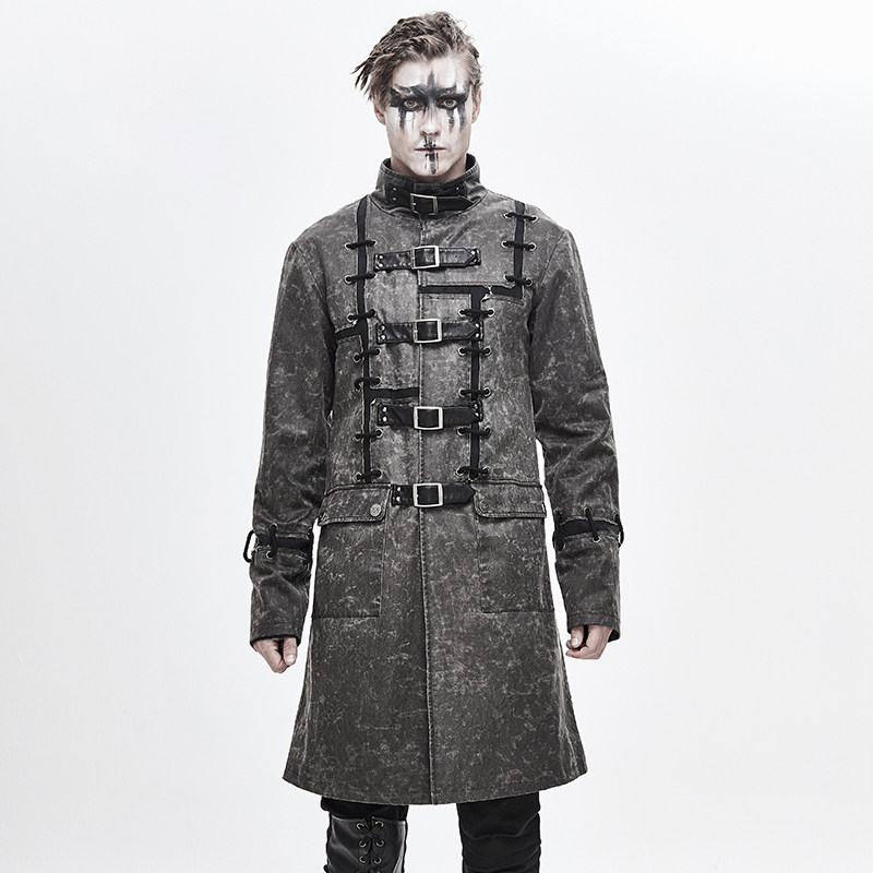 蒸汽朋克男装直筒立领青年长袖中长款风衣春秋季薄款做旧拼接外套