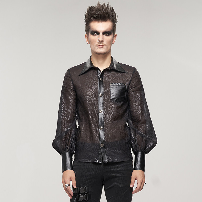 暗黑朋克男装春夏薄款透视性感衬衫酒吧休闲时尚衬衣灯笼长袖上衣