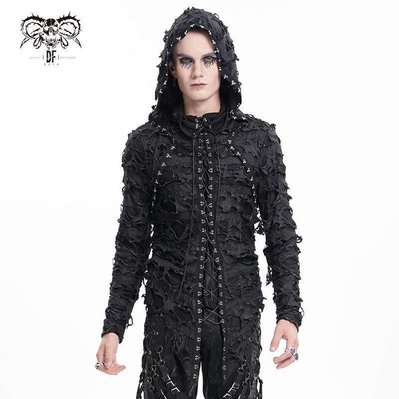 Devil Fashion恶魔时尚哥特暗黑男装破旧设计感连帽长袖T恤TT283