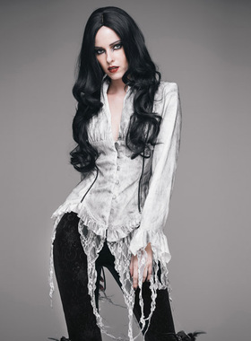哥特朋克女装复古宫廷修身衬衫长袖深V领流苏白色喷绘上衣衬衣女