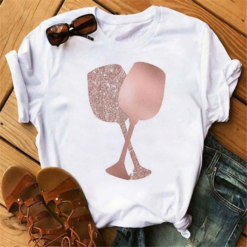 Rose Gold Wine Glasses Black T-Shirt玫瑰金酒杯印花女士白T恤-封面