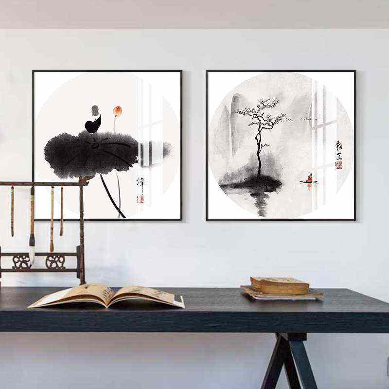 新中式玄关装饰画走廊过道挂画正方形办公室壁画禅意水墨画黑白图片