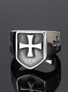 新品欧美复古朋克钛钢十字架盾牌男士戒指时尚潮流指环