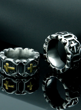 欧美复古霸气中世纪十字花戒指商务霸气指环