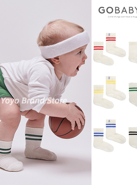 ▲正品gobabygo儿童宝宝条纹防滑运动袜地板袜纯棉透气春秋中筒袜