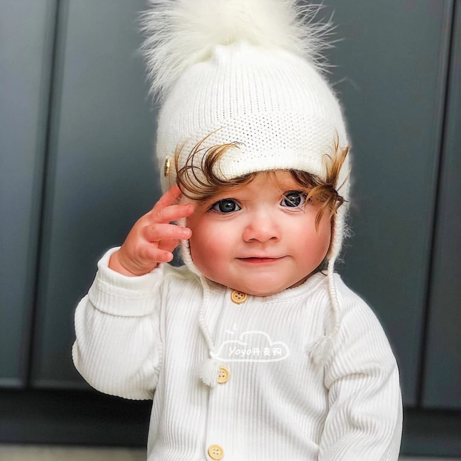 85折包邮美国petite maison kids婴幼儿童秋冬羊绒套头帽保暖球球