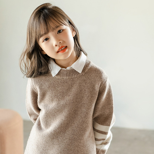 儿童100%羊毛衫男童毛衣加厚针织纯色三道杠羊绒衫打底中大童秋冬