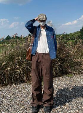 TWORED 美式复古蝴蝶结慢印牛仔衬衫男长袖春秋季情侣款宽松衬衣