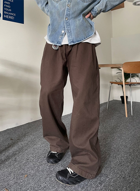 TWORED美式复古卡其色休闲牛仔裤男女潮高街宽松直筒工装阔腿长裤
