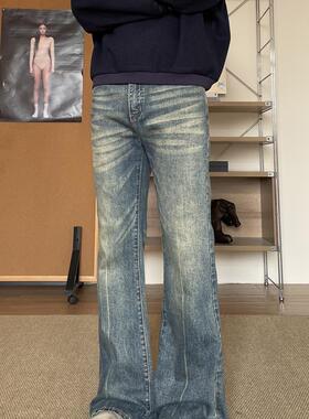 TWORED美式做旧水洗复古蓝色微喇牛仔裤男女春秋修身直筒休闲裤