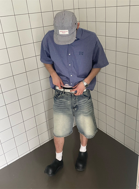 TWORED美式潮牌日系复古廓形格子翻领短袖衬衫宽松休闲百搭衬衣