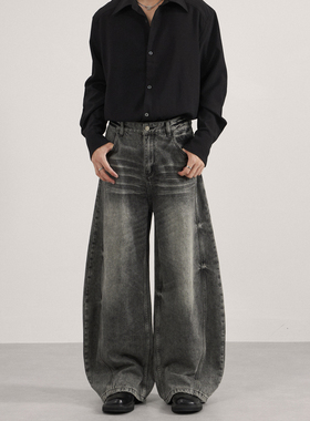 TWORED美式复古水洗猫须黑色弯刀牛仔裤中性阔腿宽松垂感做旧裤子