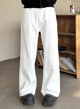 TWORED美式复古垂坠感白色牛仔裤男高级感宽松直筒阔腿拖地长裤