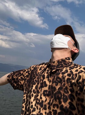 TWORED 复古豹纹短袖衬衫男女夏季宽松垂感痞帅设计感薄款衬衣