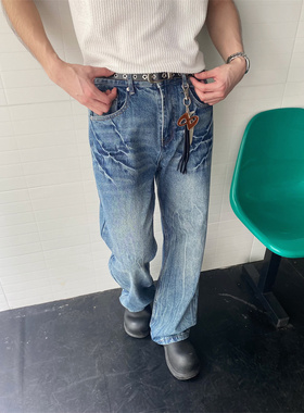 TWORED美式牛仔裤男女高街vibe闪电裂纹蓝色直筒水洗宽松阔腿裤