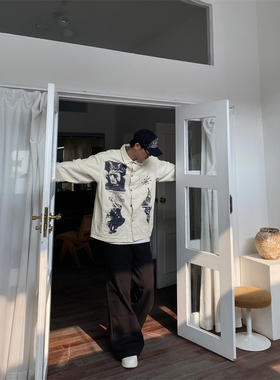 TWORED 美式复古涂鸦人物图案翻领夹克痞帅ins白色牛仔外套男秋季