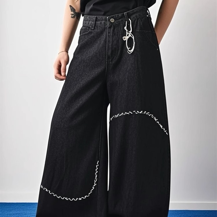 TWORED 丹宁黑色牛仔裤男潮牌刺绣设计感宽松阔腿baggy弯刀裤子