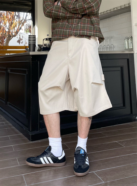 TWORED美式复古高街褶皱弯刀休闲短裤男女潮阔腿宽松显瘦七分裤子