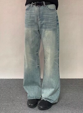 TWORED秋冬新款美式cleanfit宽松直筒牛仔裤潮冰蓝色手喷猫须长裤