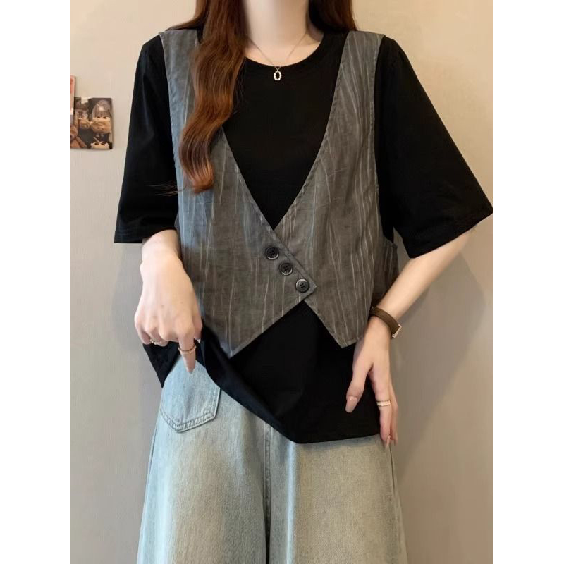 大码马甲拼接短袖t恤女宽松显瘦