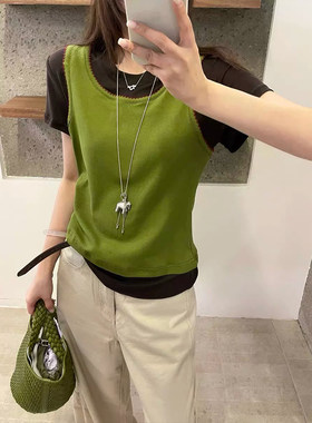 假两件撞色纯棉短袖T恤女设计感