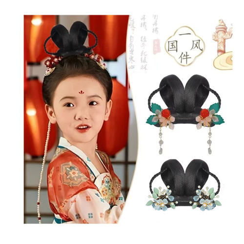 儿童汉服假发一体式古风盘发发髻古装女童新年头饰拜年发型垫发包