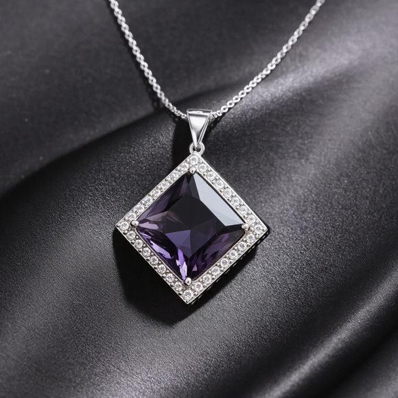 【定制】紫水晶方钻s925纯银项链微镶钻女士锁骨链节日礼物