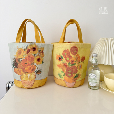 轻帆@梵高星空向日葵油画印花手拎包遛弯包文艺帆布包logo定制