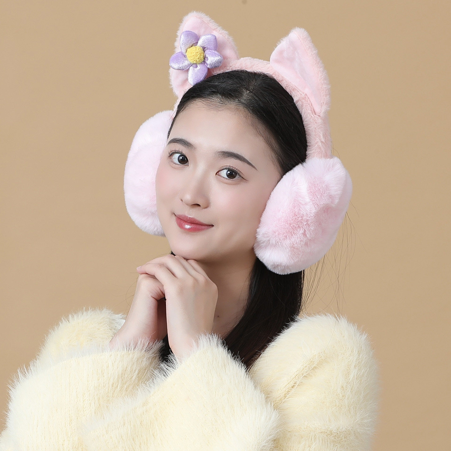 秋冬保暖猫耳毛绒花朵耳套女款