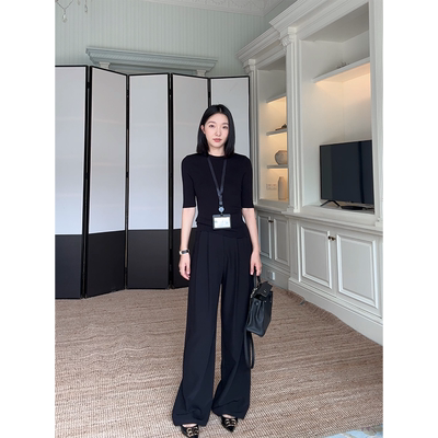 郭九九呢 天丝简约修身显瘦打底针织衫早秋上衣高腰直筒阔腿裤女