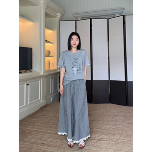 100%棉卡通印花拼接短袖 新款 郭九九呢 t恤女夏季 格子休闲裤 裙裤